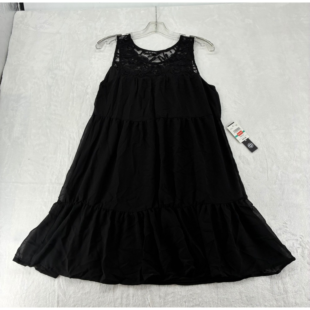 As U Wish Dress Womens Size M‎ Mini Dress Black Lace Chiffon Tiered A3951104